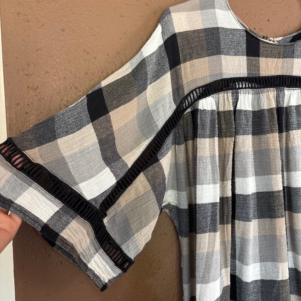 Maeve Anthropologie Plaid Crochet Lace Trim Babydoll Mini Dress Tunic Neutral S - Picture 3 of 7
